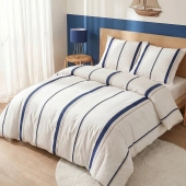 Housse de couette 240x260 cm LORD + taies 100% coton 57 fils - Parure beige avec fines rayures verticales bleues