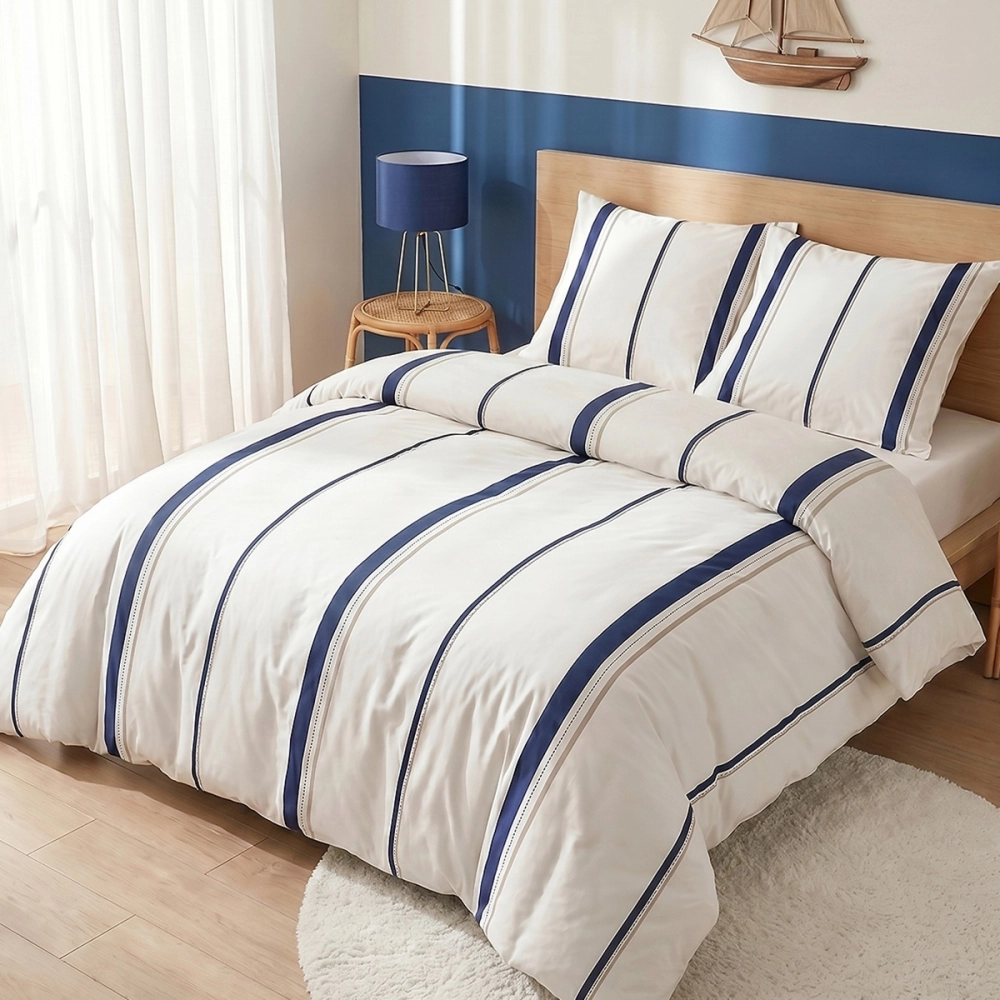 Housse de couette 240x260 cm LORD + taies 100% coton 57 fils - Parure beige avec fines rayures verticales bleues