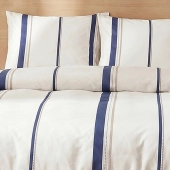 Housse de couette 240x260 cm LORD + taies 100% coton 57 fils - Parure beige avec fines rayures verticales bleues