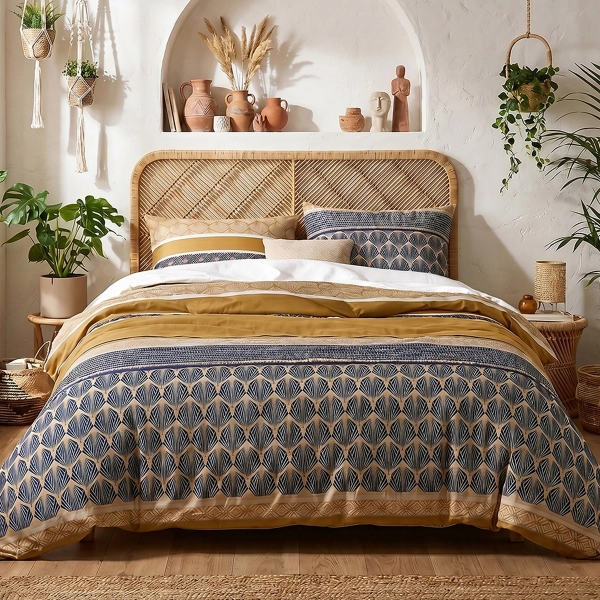 Housse de couette Celorn 240x260 cm avec taies, 100% coton 57 fils, motifs ethniques bleus et ocres