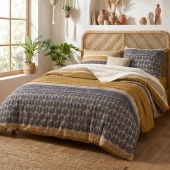Housse de couette CELORN 260x240 cm et taies coton 57 fils – Motifs bleus et ocres, pour grand lit double