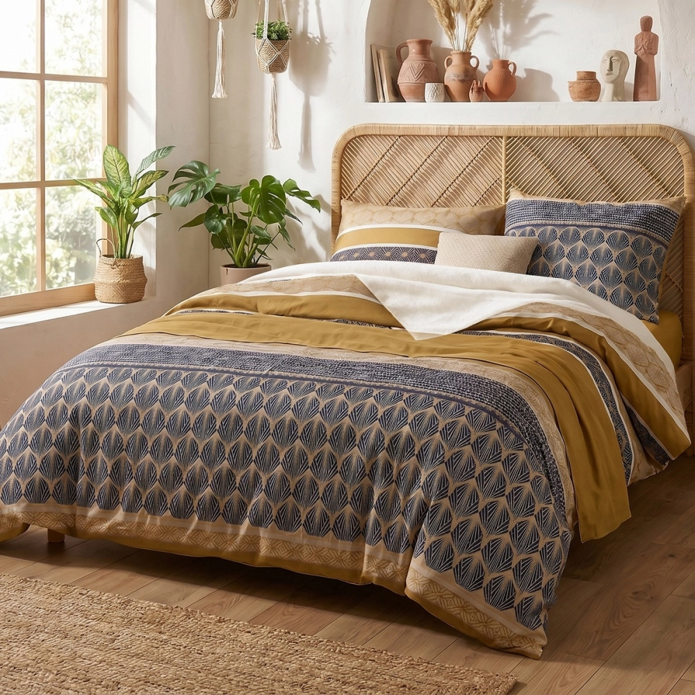 Housse de couette CELORN 260x240 cm et taies coton 57 fils – Motifs bleus et ocres, pour grand lit double