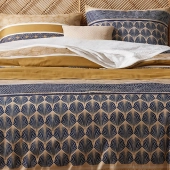 Housse de couette CELORN 260x240 cm et taies coton 57 fils – Motifs bleus et ocres, pour grand lit double