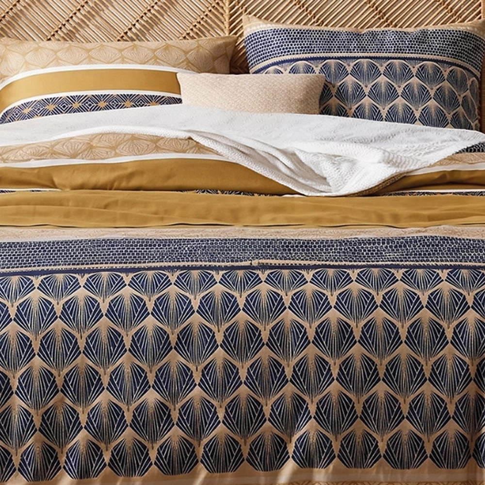 Housse de couette CELORN 260x240 cm et taies coton 57 fils – Motifs bleus et ocres, pour grand lit double