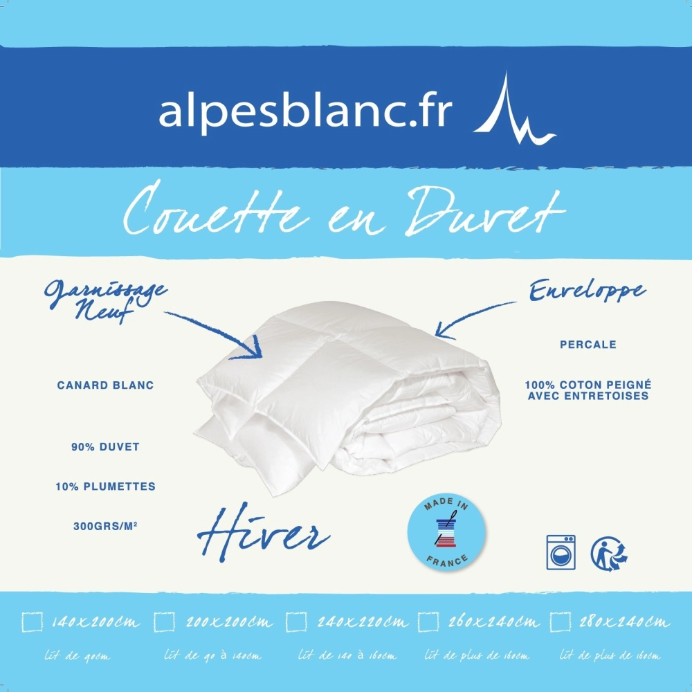 Couette hiver 90% Duvet 300 g/m² 240x260 cm - Fabrication Française - Chaude et gonflante