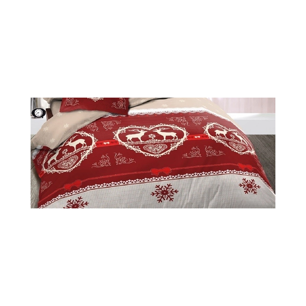 Housse de couette + taies Winter Rouge 240x280 cm - Parure de lit 100 % coton pour lit King size, inspiration chalets savoyards