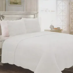 Couvre lit Boutis 1 place 180x240cm + 1 taie d'oreiller 65x65cm Blanc 100% coton