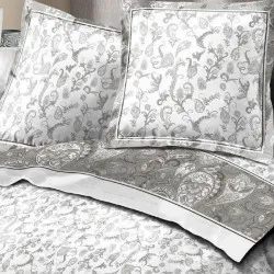 Visuel d'ambiance, parure de drap en flanelle fleuri gris pétale 4 pièces, motif florales