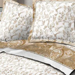 Visuel parure de draps fleuris en flanelle, couleur taupe et blanche, motif floral 4 pièces