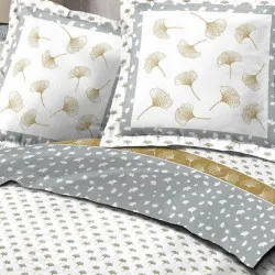 Visuel de la parure de drap ginko grise, jaune et blanche sur visuel d'ambiance, parure 4 pièces en flanelle