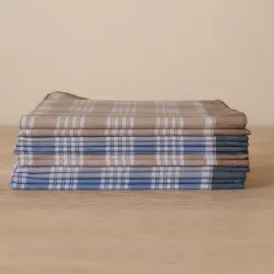 Pile de lot de 12 mouchoirs Trio Carreaux Bleu, Gris et Orange coton 50x50