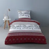 Housse de couette Flanelle 1 place Navacerrada, dessin chalets et montagnes royge et gris