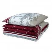 Housse de couette Flanelle 1 place Navacerrada, dessin chalets et montagnes royge et gris + taie assortie