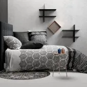 Housse de couette Pavage 220x240 cm coton 57 fils + 2 taies 63x63 cm. design graphique noir et blanc moderne.
