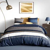 Parure de lit Kalypso 260x240 cm motif géométrique bleu marine et ocre en coton 57 fils certifié OEKO-TEX