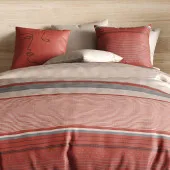 Housse de couette HANA 100% coton percale 71 fils + 2 taies - Rayures terracotta et sable - Style bohème chic - Oeko-Tex