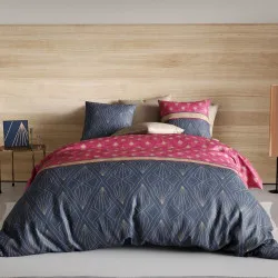 Housse de couette 260x240 cm LILY 100% coton 57 fils - Dessins géométriques violet et fuchsia - 2 taies carrées - Oeko-Tex