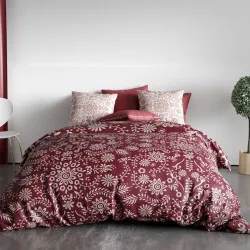 Housse de couette 200x200 cm VISHKA + 2 taies - pur coton bio 57 fils - Motifs fleuris sur fond pourpre - Finition boutons