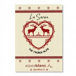 Torchons esprit montagne sur fond blanc,  100% coton 50x70cm winter rouge, détils savoie rouge et blanc