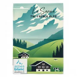 Torchons esprit montagne sur fond blanc  100% coton 50x70cm montagne été, motif et détails montagnard en été