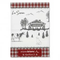 Torchon de cuisine Alpage motif Savoie rouges et gris avec chalet, vache et carreaux, 50x70 cm, 100% coton