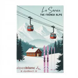 Torchon de cuisine vintage Alpes Blanc avec télécabines rouges, chalet et skis dans la neige, 100% coton.