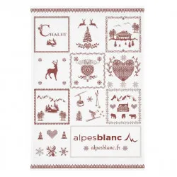 Torchon montagne rouge, motif savoyard rouge sur fond blanc, motif chalet, cerf, coeur rouge, skieurs. visuel sur fond blanc.
