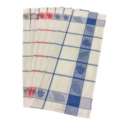 Lot de 6 torchons à carreaux bleu, rouge, gris et à motif vfeuille de vigne, visuel sur fond blanc, 6 étalés