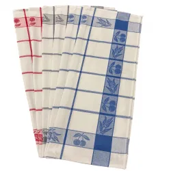 Lot de 6 torchons à carreaux motifs cerises rouge, bleu, gris 100% coton tissage jacquard, 50x70cm