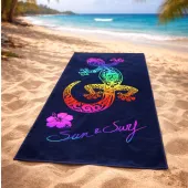 Serviette de plage lézard multicolore sur fond bleu, en 100% coton tissage jacquard 90x70cm sur la plage