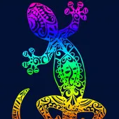 Serviette de plage lézard multicolore sur fond bleu, zoom sur les motif